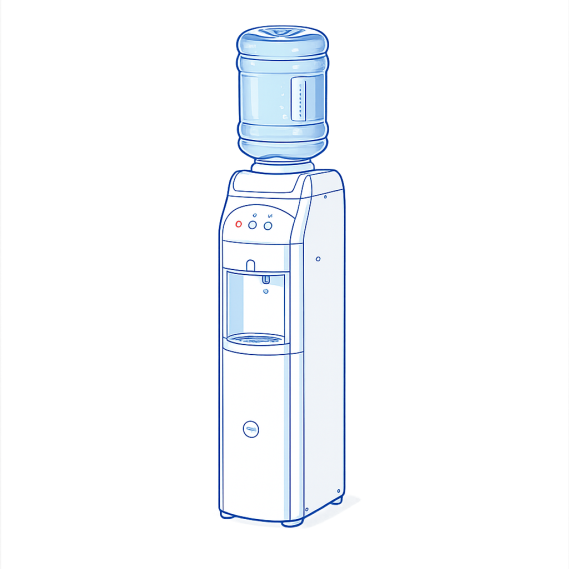 Wassertank mit oberem Behälter und zwei Ausgabestellen für kaltes und warmes Wasser.